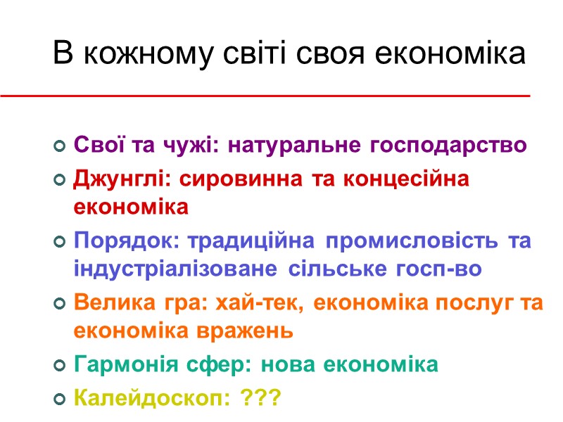 В кожному світі своя економіка Свої та чужі: натуральне господарство Джунглі: сировинна та концесійна
